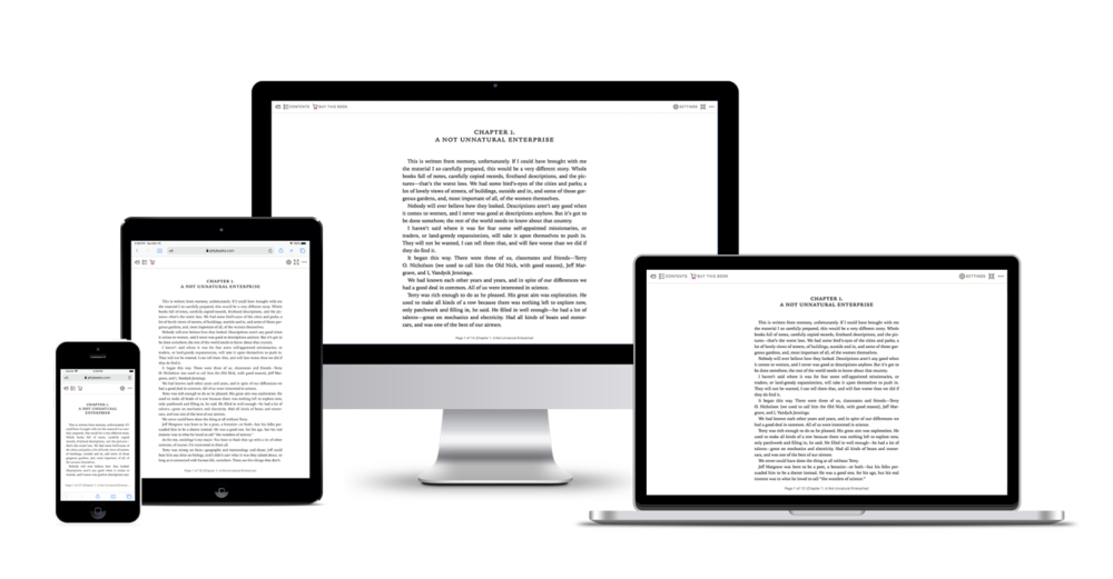 impressions of Jellybooks Cloud Reader showing a reflowable book on several different sized devices