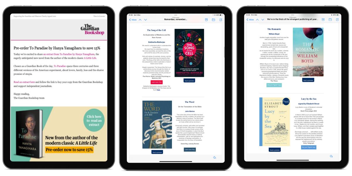 Image showing three separate bookshop email newsletters, each containing sample buttons/links