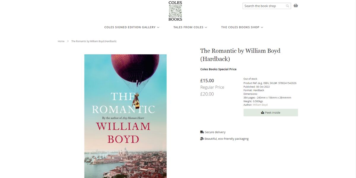 Screenshot of Coles Books product page for The Romantic by William Boyd which includes a Peek Inside button