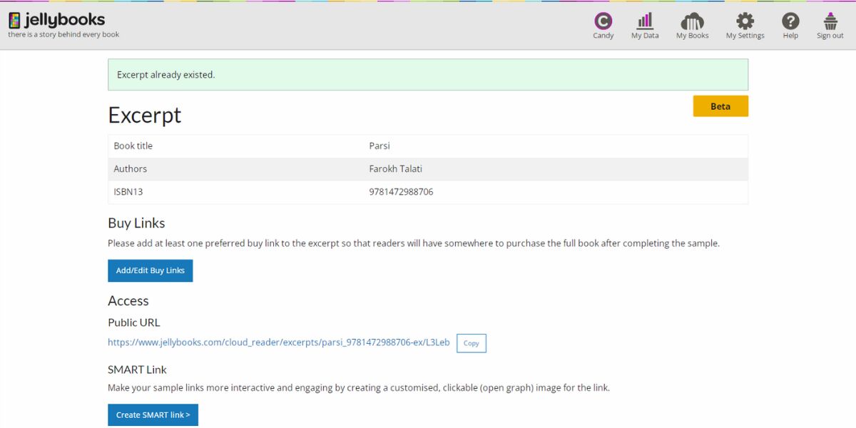 screenshot of the excerpt page for creating smart links